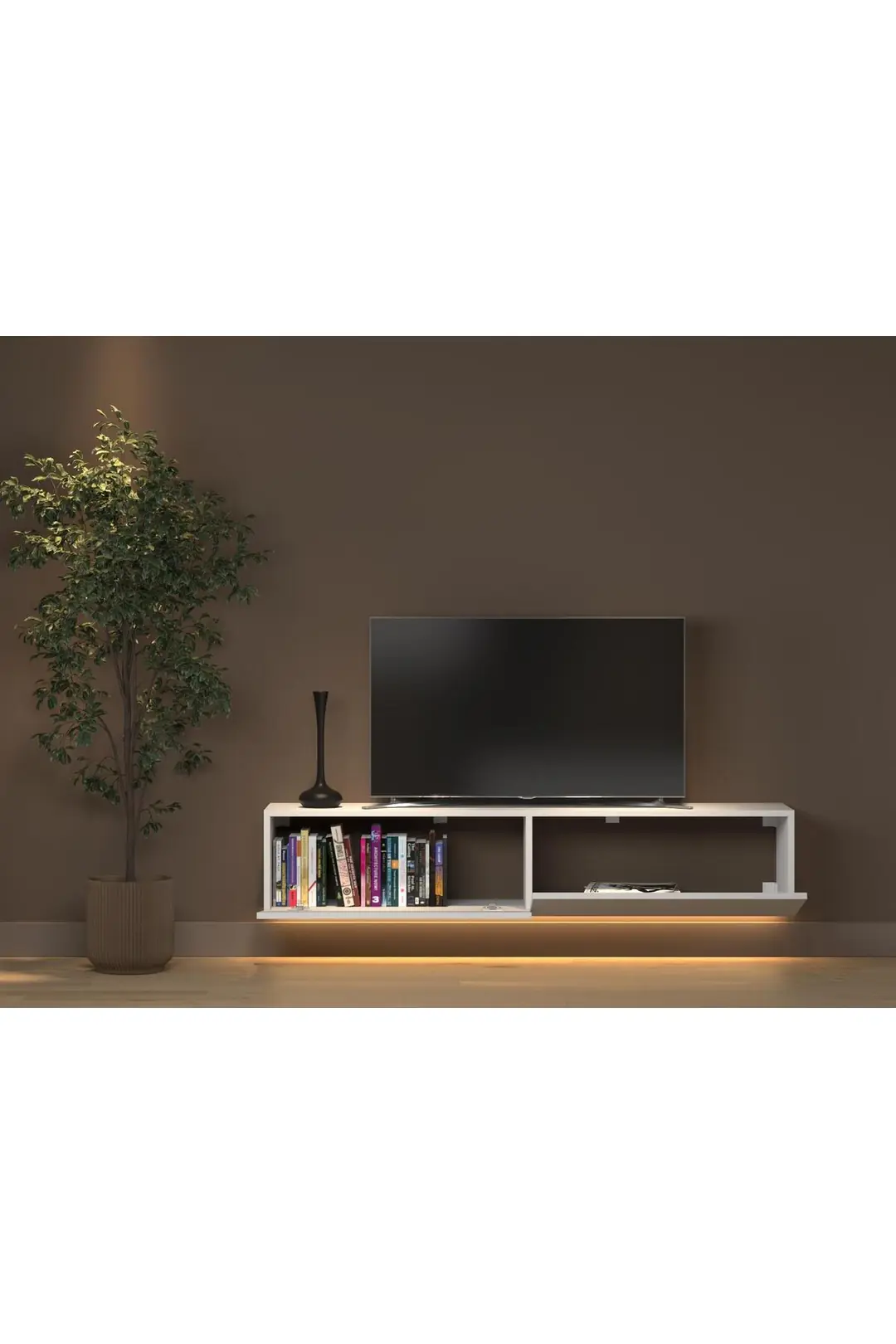 Rami Duvara Monte Led Işıklı, Dolaplı Tv Ünitesi - Tv Sehpası - Minifiksli - Beyaz